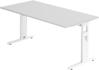 bümö höhenverstellbarer Schreibtisch O-Serie 160x80 cm in grau, Gestell in weiß - PC Tisch für's Büro manuell höhenverstellbar, Computertisch verstellbar, OS-16-5-W