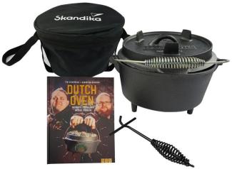 Skandika Grilltopf Dutch Oven Flame Master, Feuertopf, Gulaschtopf, Outdoor, Kochtopf, Rezeptbuch, Tragetasche, Deckelheber, auch Pfanne, bereits eingebrannt