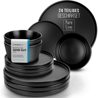 PURE LIVING INTERIOR DESIGN Geschirr-Set Steingut 8 Pers. - Hochwertiges Geschirr - Schüssel- und Teller Set (24-tlg), Schwarz, Tafelservice 8 Personen Geschirrsets