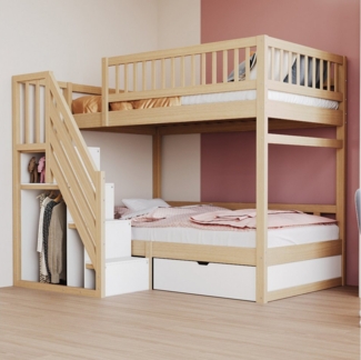 Flieks Etagenbett, Massivholz Kinderbett 90x200cm mit Stauraumtreppe und Schublade