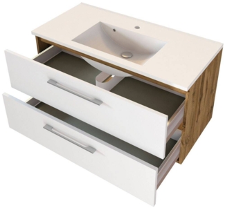Waschtischunterschrank inkl. Mineralgusswaschbecken LOUNY-03 in Wotaneiche Nb. mit matt weiß, B/H/T: ca. 100/54/48 cm
