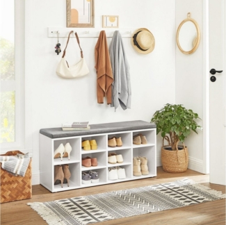 Vasagle Schuhbank mit 10 Fächern, Spanplatte weiß / Leinenimitat grau, 48 x 30 x 104 cm