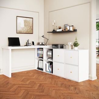 Ecktisch, Tischplatte 360° schwenkbar - L-förmig oder gerade aufstellbar, MDF, Tischplatte und Beine 4 cm verstärkt, mit 4 Fächern, 4 Schubladen, weiß, flexibel aufstellbar, Schreibtisch, Computertisch, MDF, Weiß,