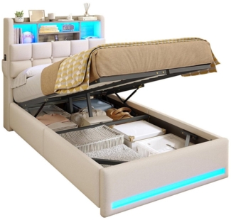 MSMASK Polsterbett Hydraulisches Stauraumbett mit LED-Bleuchtung, 140X200 cm (1-tlg, Ohne Matratze), Jugendbett mit USB- und Type-C-Anschlüsse, Leinenstoff