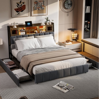 Furnishings Home Stauraumbett Doppelbett Polsterbett Eisenbett mit LED + Ladefunktion (Kopfteil mit Schrank), Mit LED-Beleuchtung, Schubladen, 2 USB & Stecker, Leinen, 140x200 cm