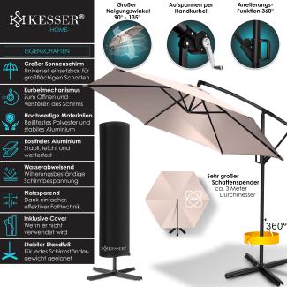 KESSER® Alu Ampelschirm Sonnenschirm + Abdeckung Ø300 cm / Ø350 cm mit Kurbelvorrichtung Kurbelschirm mit Ständer UV-Schutz Aluminium Wasserabweisende Bespannung - Schirm Gartenschirm Marktschirm 300cm, Taupe