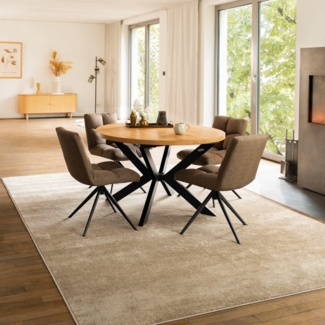 HOME DELUXE Essgruppe Rund Ausziehbar AVENTURA inkl. Sternfuß - 120-160 x 120 cm Light Oak 4 Stühle Grau