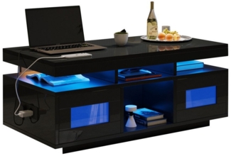 Merax Couchtisch hochglanz Sofatisch mit LED-Beleuchtung & USB-Ladeanschluss (1-St, 100×50×43cm), Beistelltisch Wohnzimmertisch mit 2 Türen und mehr Ablagefächern