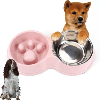Doppelter Futter- und Wassernapf für Hunde, hochwertige, herausnehmbare Doppelnäpfe aus Edelstahl, rutschfester Boden, auslaufsicherer Futternapf für Hunde, Welpen, Katzen usw. (rosa)