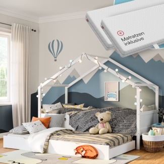 Bellabino 'Bela' Hausbett 90x200 cm mit Gästebett 90x190 cm und 2 Matratzen, weiß, Kiefer Massivholz, Montessori Kinderbett mit Ausziehbett, inkl. Rausfallschutz und Lattenrost