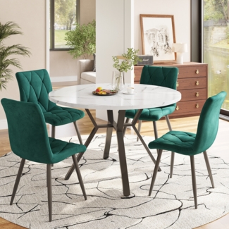 Merax Esstisch- und Stuhlset (5-teilig), modernes, schlichtes rundes Esstisch- und Stuhlset aus Marmor, Tischbeine aus schwarzem Metall + 4 ergonomische Stühle aus grünem Wildleder