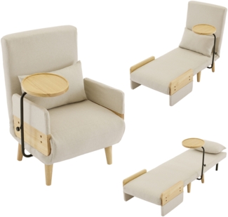 Merax 3-in-1-Umbausessel mit Schlaffunktion,mit Holztablett, gepolsterter Klappsessel, Polstersitz, Loungesessel, Einzelbett, Beige