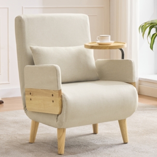 Merax 3-in-1-Umbausessel mit Schlaffunktion,mit Holztablett, gepolsterter Klappsessel, Polstersitz, Loungesessel, Einzelbett, Beige
