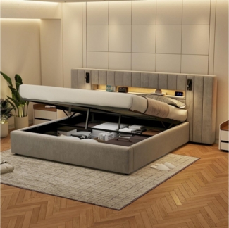 Ulife Polsterbett Doppelbett Stauraumbett mit LED-Beleuchtung, Nachttischlampe (Ohne Matratze), Hydraulisches Funktionbett mit USB-Anschluss, 180x200cm
