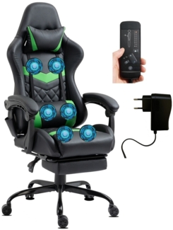 Delman Gamingstuhl, Massagefunktion mit 6 Vibirationspunkten Fußablage Metallische Fußkreuz Ergonomische Stuhl 37 Grün, 132 x 52 x 48 cm