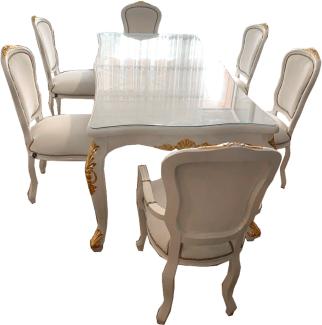 Casa Padrino Luxus Barock Esszimmer Set Weiß / Gold - 1 Esstisch mit Glasplatte & 6 Esszimmerstühle mit Kunstleder - Made in Italy - Luxury Collection