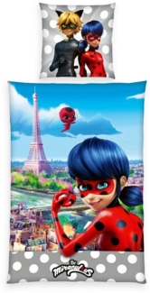 JACK Jugendbettwäsche 135x200cm Be Miraculous Ladybug Paris, Renforcé, 2 teilig, grau weiß gepunktet, Digitaldruck, Reißverschluss