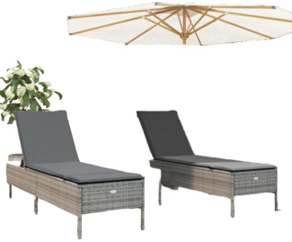 Sonnenliegen mit Auflagen 2 Stück Grau Poly Rattan