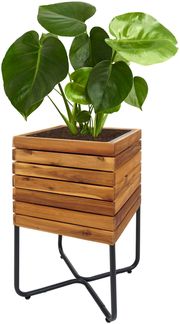 Pflanzkasten HWC-L25, Pflanzkübel Blumenkasten, quadratisch 60x33x33cm Outdoor Stahl Akazie Holz FSC®-zertifiziert, braun