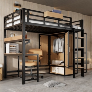 MODFU Kinderbett mit Doppeltür-Kleiderschrank, praktische Ablagen (Eisenbett mit Treppe, Schreibtisch, Hochbett 90x200 cm), ohne Matratze