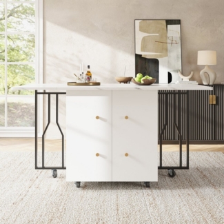 Flieks Esstisch mit klappbare Tischplatte und Rollen (1-St, 1 Tisch, B80-140/T75/H76,3 cm), rechteckiger Küchentisch mit Stauraum Arbeitstisch Marmoroptik