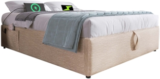 Bett Polsterbett 160x200 cm, Leinenstoff, hydraulischer Bettkasten mit USB/Type-C, natur und beige