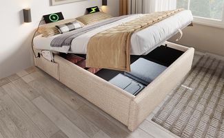 Bett Polsterbett 160x200 cm, Leinenstoff, hydraulischer Bettkasten mit USB/Type-C, natur und beige