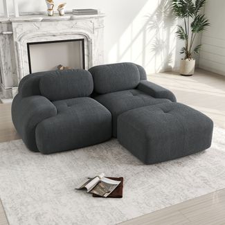 Flieks Modulares Cord Sofa 2-Sitzer mit 1x Hocker, Cloud Sofa rahmenlos, bodennah mit tiefer Sitzfläche, weich & bequem, rutschfest, Grau