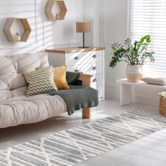 Teppich Läufer - 80x300cm - Creme Grau Blau - Raute Meliert - Hochtief Effekt - Fransen Deko Boho Flauschig - Cut & Loop Sisal - Schlafzimmer Flur Dekoration Läufer