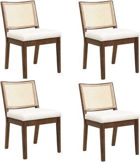 Merax Polsterstühle 4er set Esszimmerstühle aus Massivholz mit Rattan-Rückenlehnen, bequem und atmungsaktiv, geeignet für Esszimmer, Wohnzimmer, Cafés, Leinen, Nussbaum