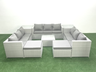 Fimous Gartenmöbel im Freien Polyrattan 11-Sitzer Rattan Garten Sofa Set mit 2 hohen Hockern 2 Beistelltischen Hellgrau gemischt