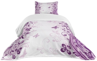 Abakuhaus Tagesdecke Set mit Kissenbezügen Waschbar, Violett Wirbelnde Blumen Wilde
