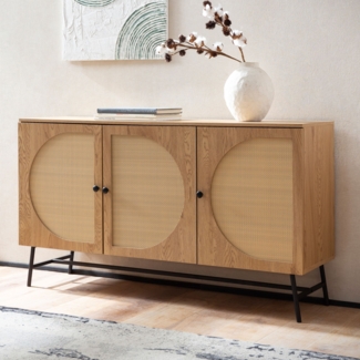 FINEBUY Sideboard FB104665 (140x80x39 cm Anrichte, Eiche-Dekor Rattangeflecht), Kommode Türen Standschrank, Hoher Kommodenschrank