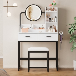 Ulife Schminktisch Kosmetiktisch mit LED-Beleuchtung, drehbarem Spiegel & Steckdosen (Inklusive Hocker), 2 Schubladen + 2 offene Ablageflächen, 80×138,5×40 cm