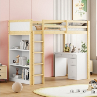 Merax Hochbett (multifunktionales Holzbett) Kinderbett 90x200cm mit Aufbewahrungsschränken,Schreibtisch&Schubladen