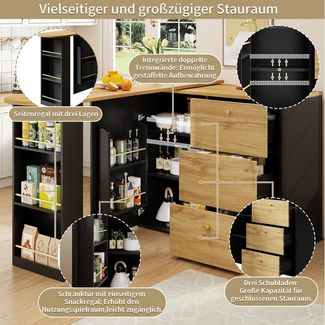 i@home Bartisch Essbar,Kücheninsel,Bistro Table,schwarz (Packung set, 1 Tisch), 360° drehbare,mit Stauraum und Sideboardschrank,138-204×39×104cm