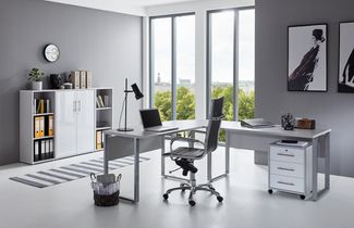 BMG Möbel Büromöbel-Set Office Edition Set 2, (Büro Set, 5 tlg, Fronten Matt oder Hochglanz lackiert), Aktenschrank und Rollcontainer abschließbar, Winkelschreibtisch