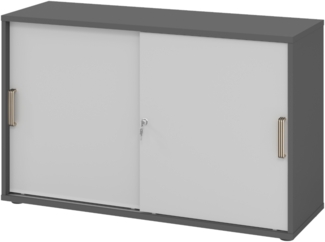 bümö Schiebetürenschrank 2OH - Aktenschrank abschließbar, Sideboard Schrank mit Schiebetüren in Graphit/Grau, Streifengriff - Büroschrank aus Holz mit Schiebetür, Büro Kommode für Ordner & Co, 1752S-G-5-SG