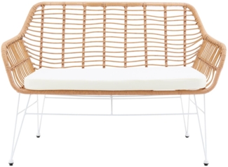 Sitzbank Rattanoptik 120 x 69 cm Natur mit Metallgestell und Sitzkissen Weiß