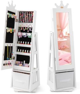3 in 1 Kinder Schmuckschrank mit Ganzkörperspiegel & Aufbewahrungskorb Schmuckregal Weiß