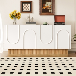 Sideboard Weiß Holzoptik, modernes mattes Aufbewahrungsboard mit U-Relief, 4-Tür Kommode für Wohnzimmer & Esszimmer