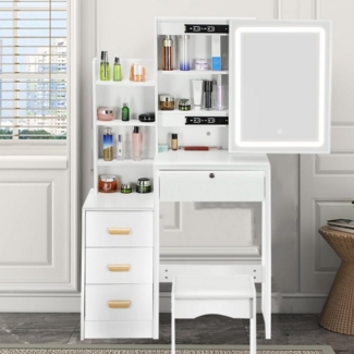 WILGOON Schminktisch Modernes Schminktisch-Set mit Schiebespiegel und Hocker, 36x80x130 cm (mit Touch-Funktion Dimmbare), Frisiertisch mit 4 Schubladen und offenen Regalen