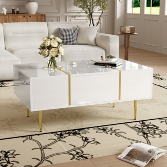 Merax Couchtisch hochglanz Sofatisch Beistelltisch mit Goldakzenten (1-St), Wohnzimmertisch mit 2 Schubladen und goldfarbenen Metallfüßen,B:100cm