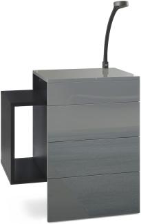 Vladon Nachttisch Queens, Nachttischschrank mit 2 Schubladen und 1 seitlichem Fach zur Wandmontage, Schwarz matt/Grau Hochglanz, inkl. LED Flexi Lampe schwarz (60 x 63 x 36 cm)