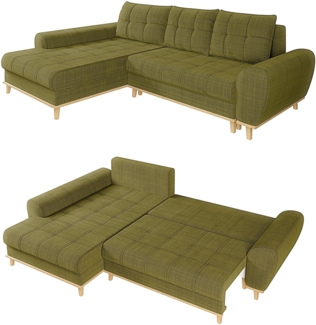 ECKSOFA im Scandi-Stil mit Schlaffunktion und Bettkasten B268/T175/H86 cm, Bouclé Chenille Stoff in Grün