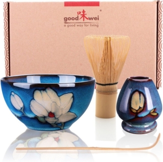 Goodwei Teeschale Matcha Teezeremonie Set "Magnolia" mit Teeschale, Besen und Halter, Keramik