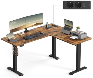 VASAGLE Höhenverstellbarer Schreibtisch elektrisch, L-förmiger Eckschreibtisch, 140 x 160 cm, mit Ladestation, Memory-Funktion mit 2 Höhen, für Homeoffice, vintagebraun-tintenschwarz