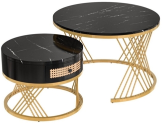 HAUSS SPOLE Couchtisch Couchtisch Satztische Satz rund Kaffeetisch 2er Set (Sturmbare Struktur Für Stabilität Und Haltbarkeit Einfach Zu Montieren), Satz von 2, Goldene Farbe Frame
