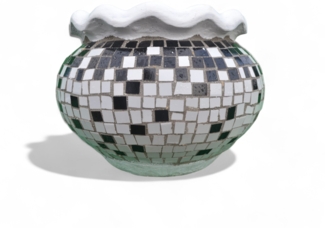 Pflanzgefäß Dahlie– Quadratischen Mosaikdesign Schwartz – Höhe 32 cm – Ø 35 cm – Handgefertigt aus Beton & Keramik-Mosaik