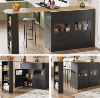 Bartisch, Ausziehbarer Hochtisch mit Stauraum 360° drehbar moderner Bar Table mit Regalen, MDF+Metall, Schwarz, 138-204x39x104cm